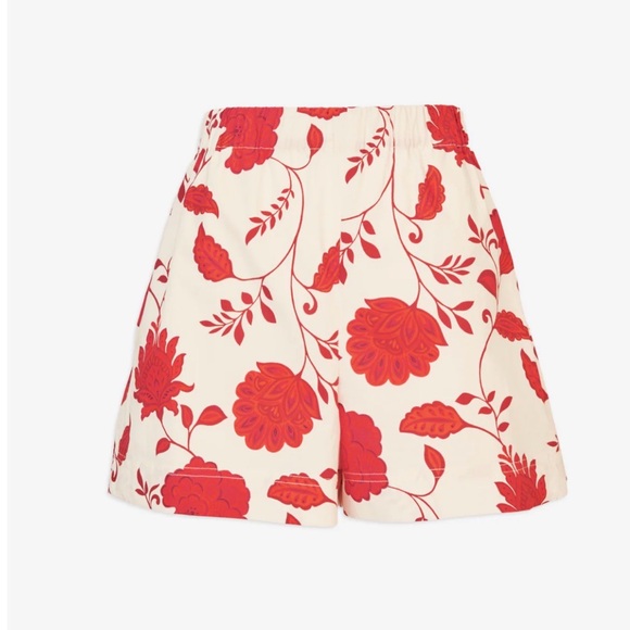 Tanya Taylor Cream Bermuda Shorts with Red Floral Print
